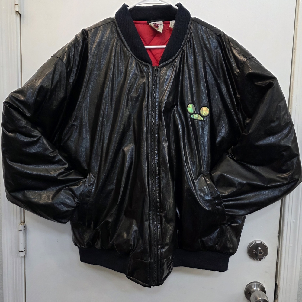 Mickey Mouse Bomber Jacket‎ Black and Red Size Large Shiny Look Vintage 90s